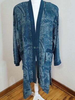Vtg Out Of The Blue NY Silk Kimono Size Large Avant Garde Artsy Kaftan Top Teal